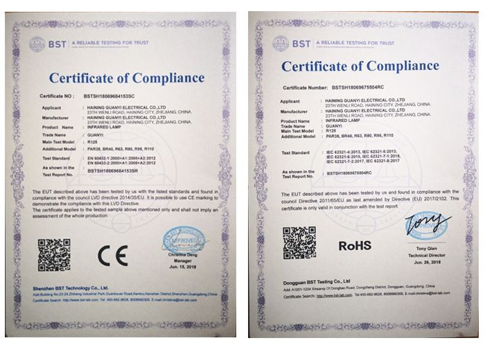 Certification of 300 watt heat lamp