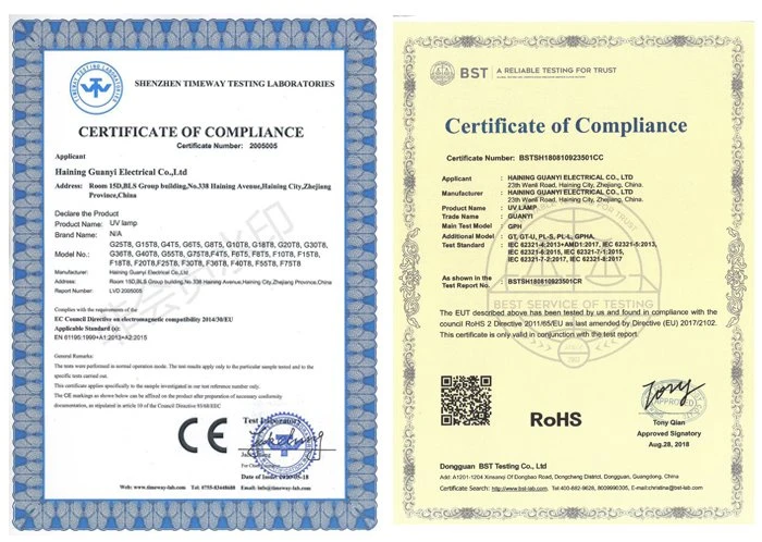 certification of GPH793T5L 254nm UVC tube